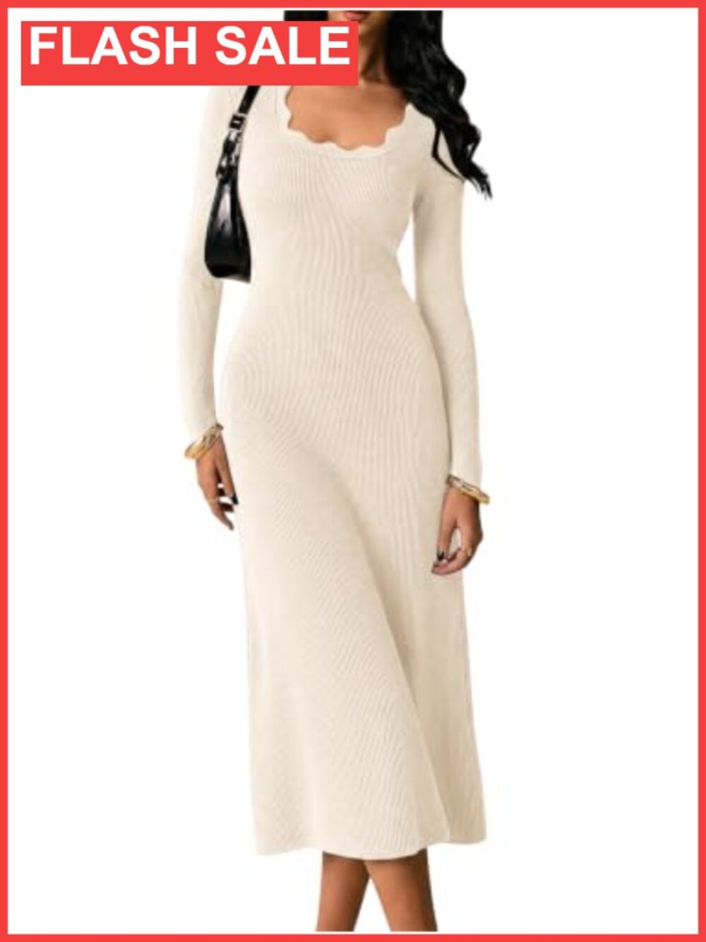 Womens Fitted Midi Sweater Dress Long Sleeve Ribbed Knit Scalloped Square Neck